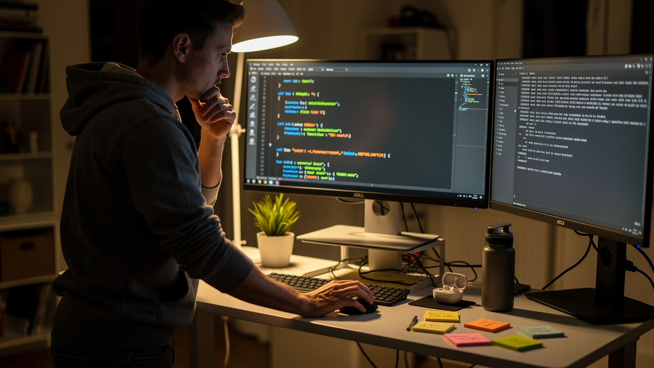 Backend developer testing API responses on dual monitor setup
