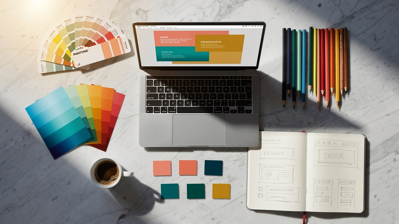 Creative designer workspace with color swatches and design templates