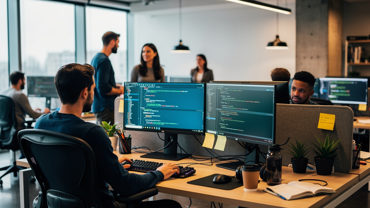 Collaborative developer team working with browser tools in modern office