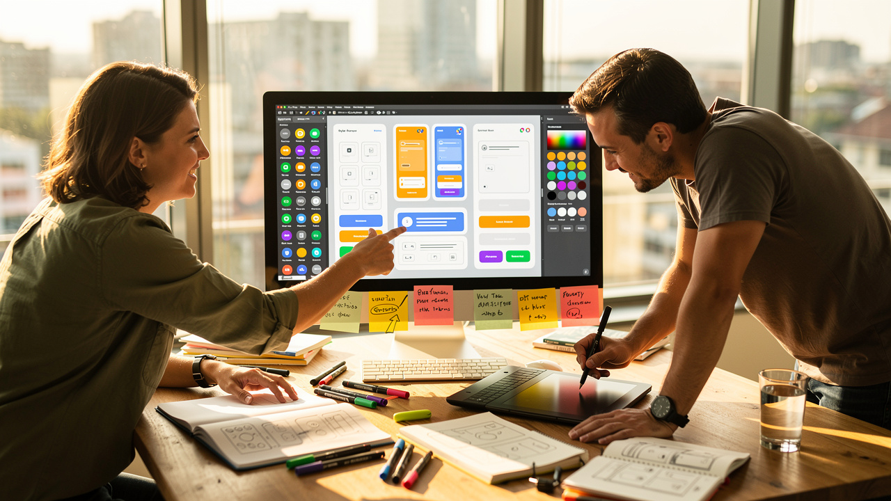 Two designers collaborating on a UI design project together