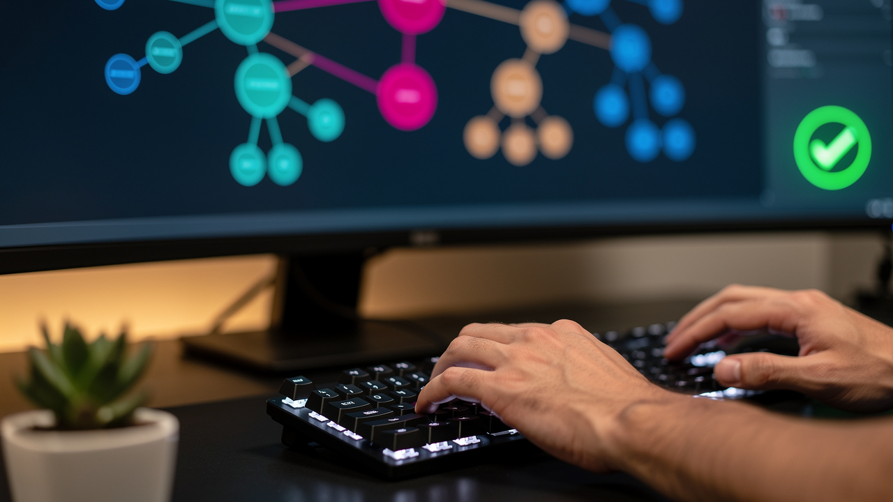 Developer typing with JSON tree view visible on monitor