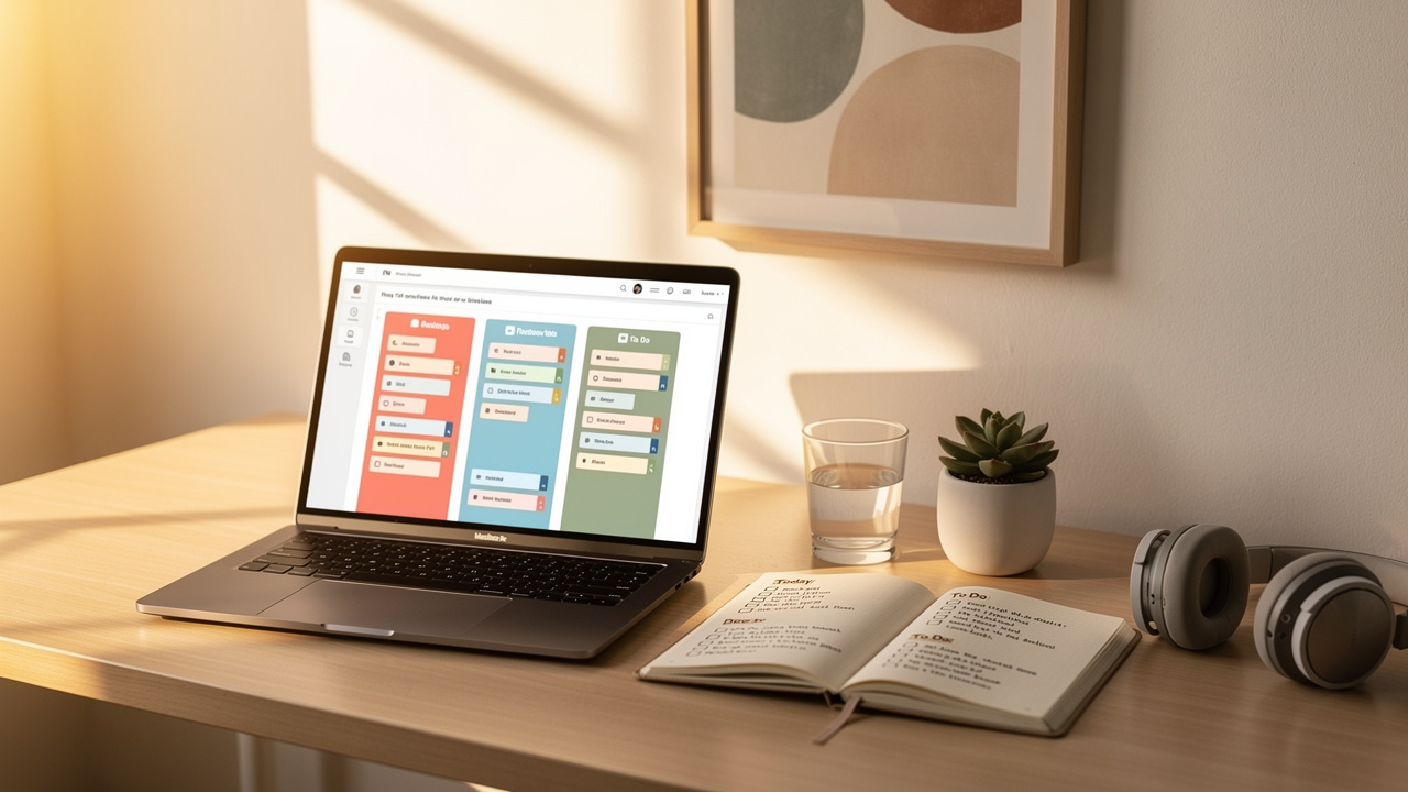 Organized home office with project management dashboard on laptop