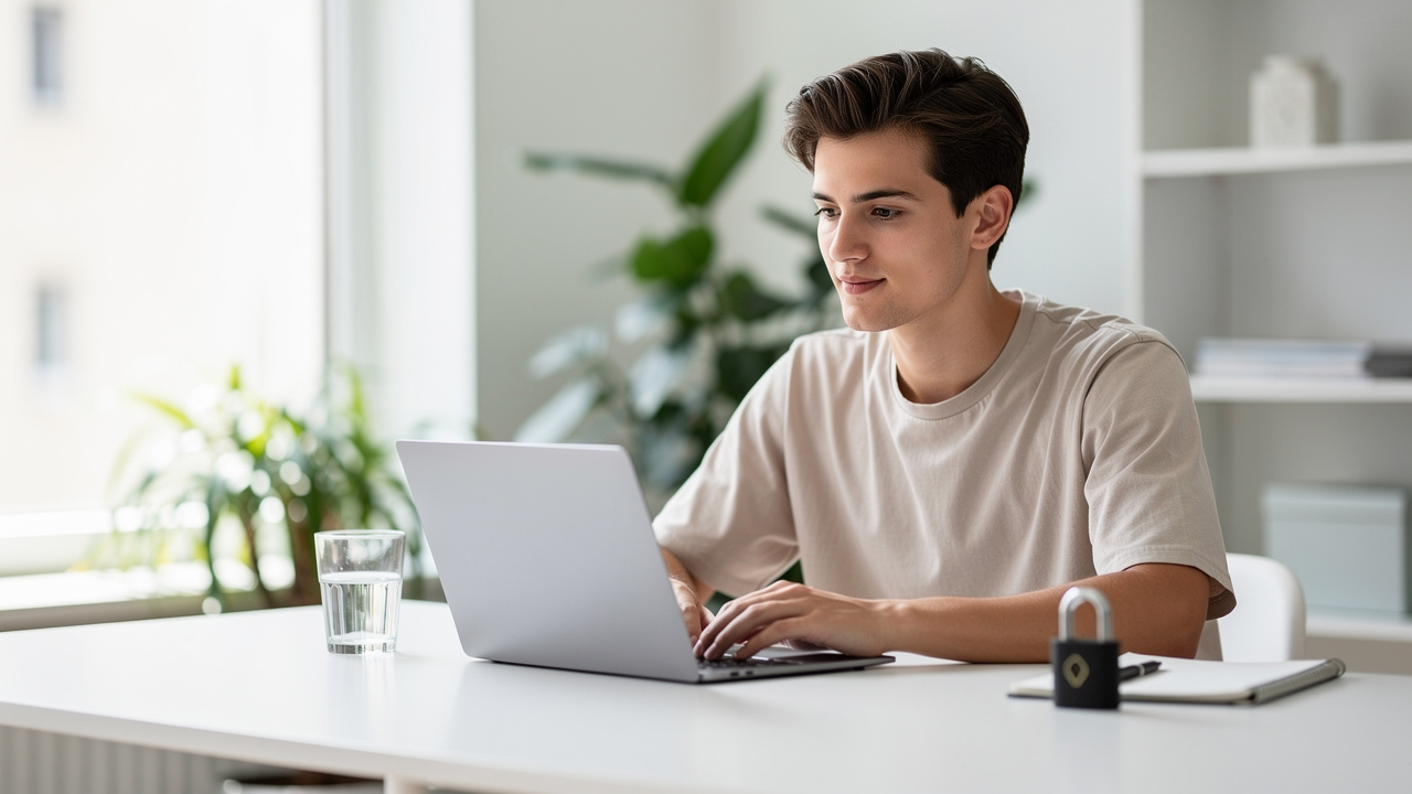 Professional working securely on laptop in bright private home office
