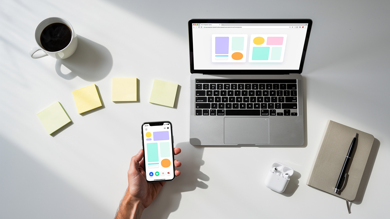 Overhead desk flatlay showing browser tool workflow with laptop and phone
