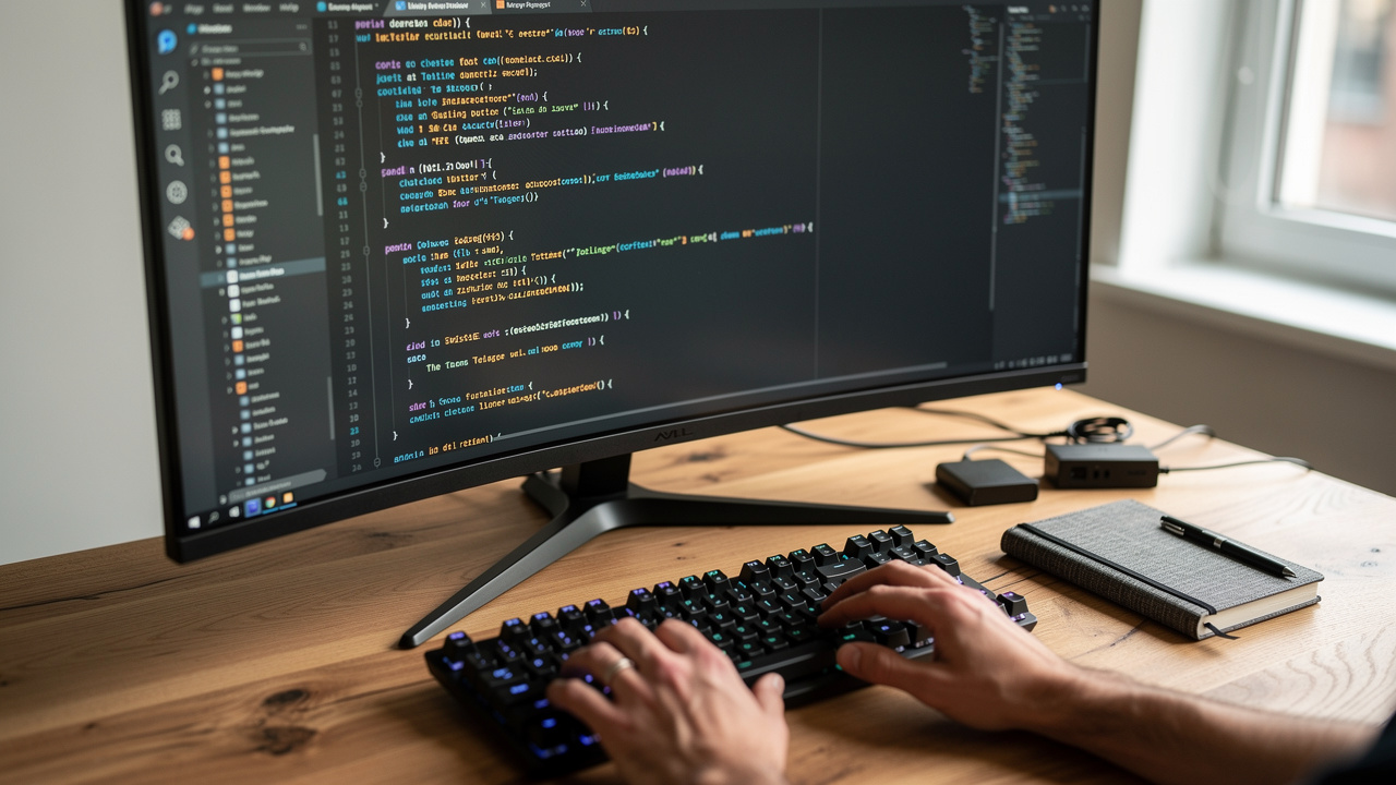 Developer typing in a dark-theme code editor on a modern monitor