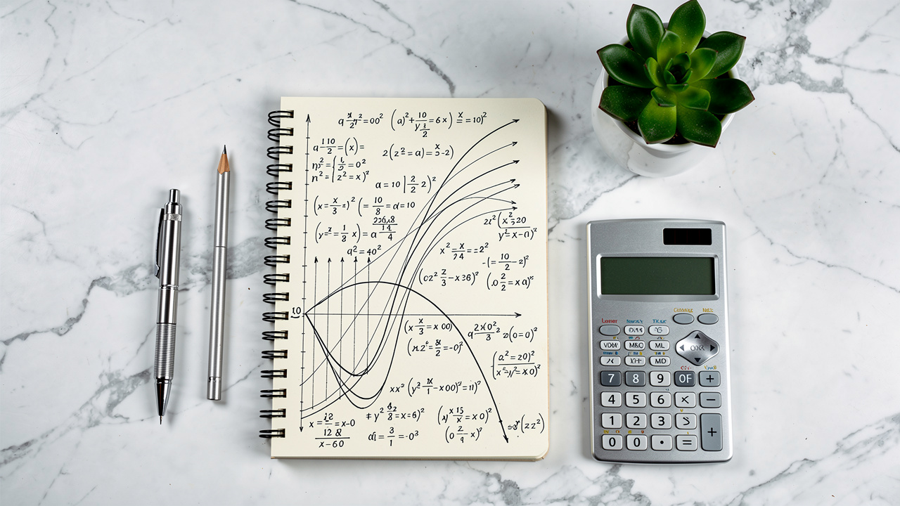 Financial planning desk with calculator and formula sketches