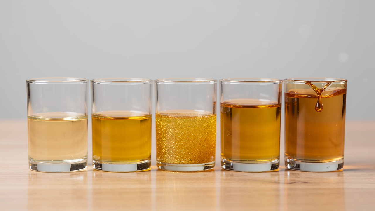 Five glass cylinders showing increasing compounding frequency returns