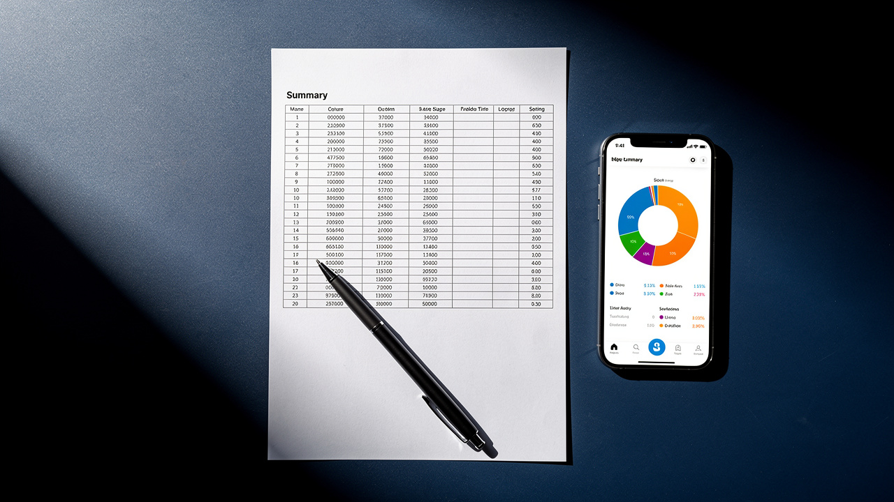 Financial desk overview with printed tax summary and phone