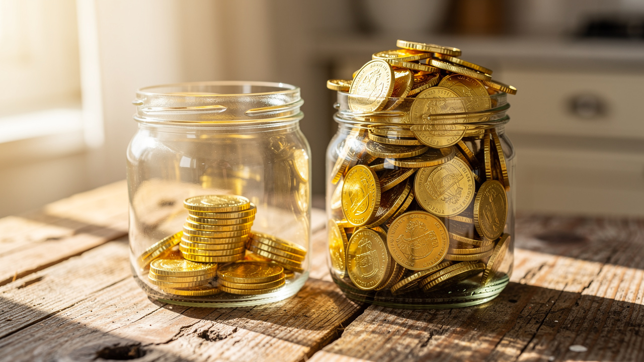 Two jars comparing simple and compound interest coin growth