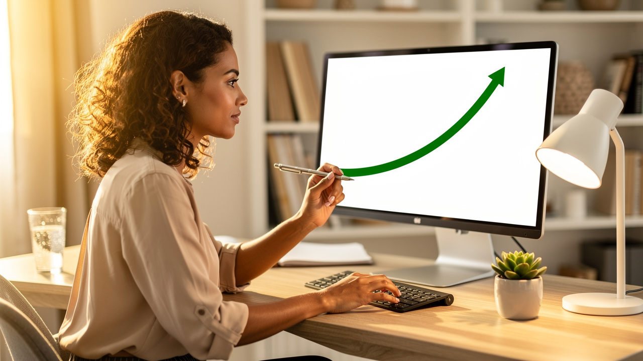 Woman calculating compound interest on computer with upward graph