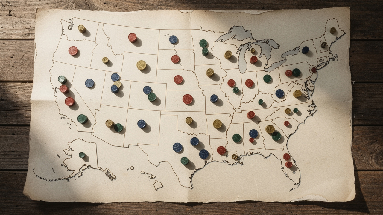 US map with tokens representing different state tax rates