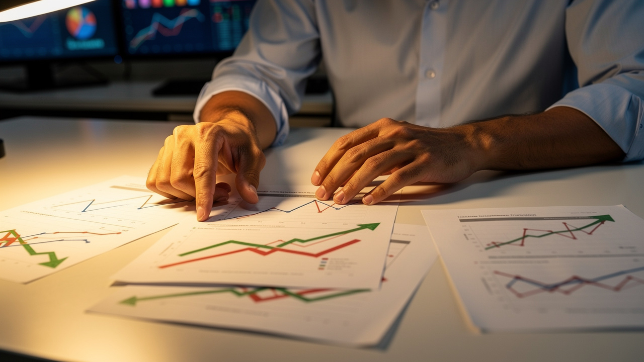 Financial analyst reviewing percentage change trends in printed report