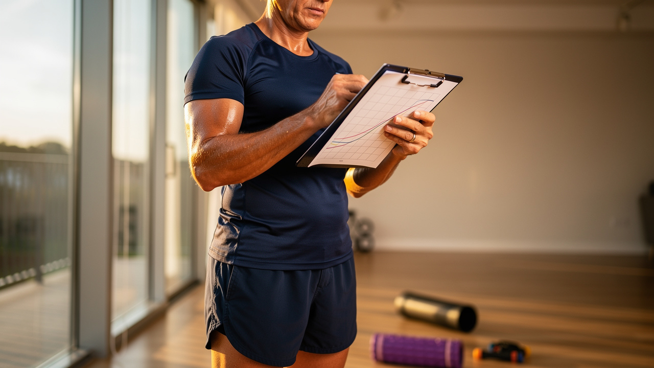 Fit person reviewing body composition progress chart in home gym