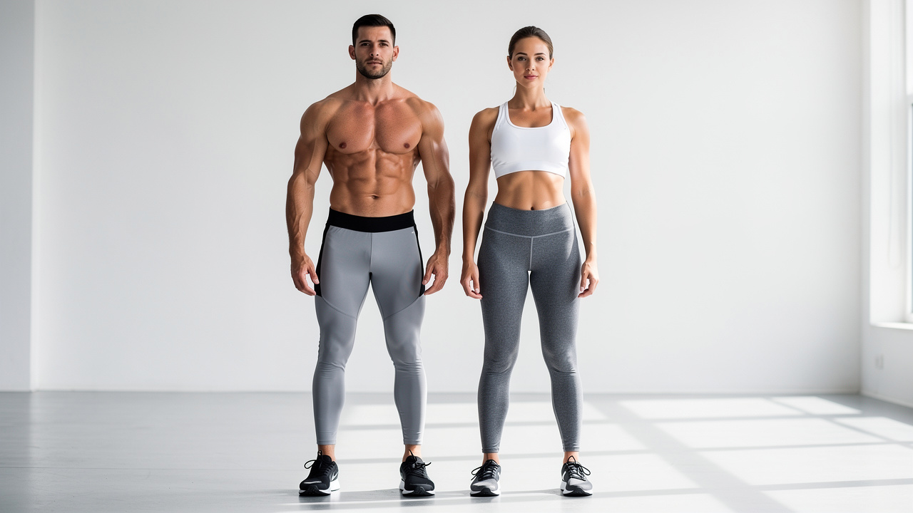Two people with different body compositions standing in gym