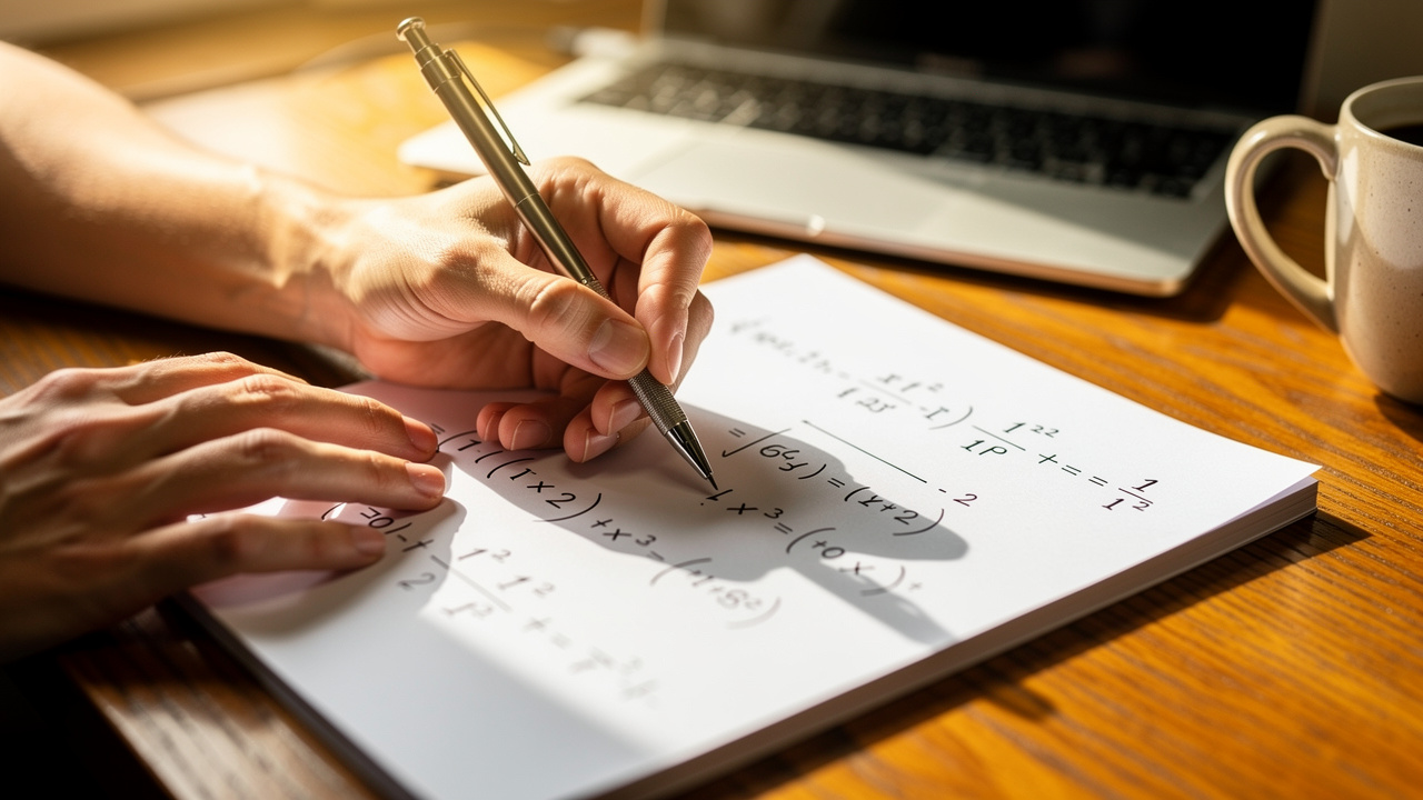 Person writing percentage change calculations on notepad at desk