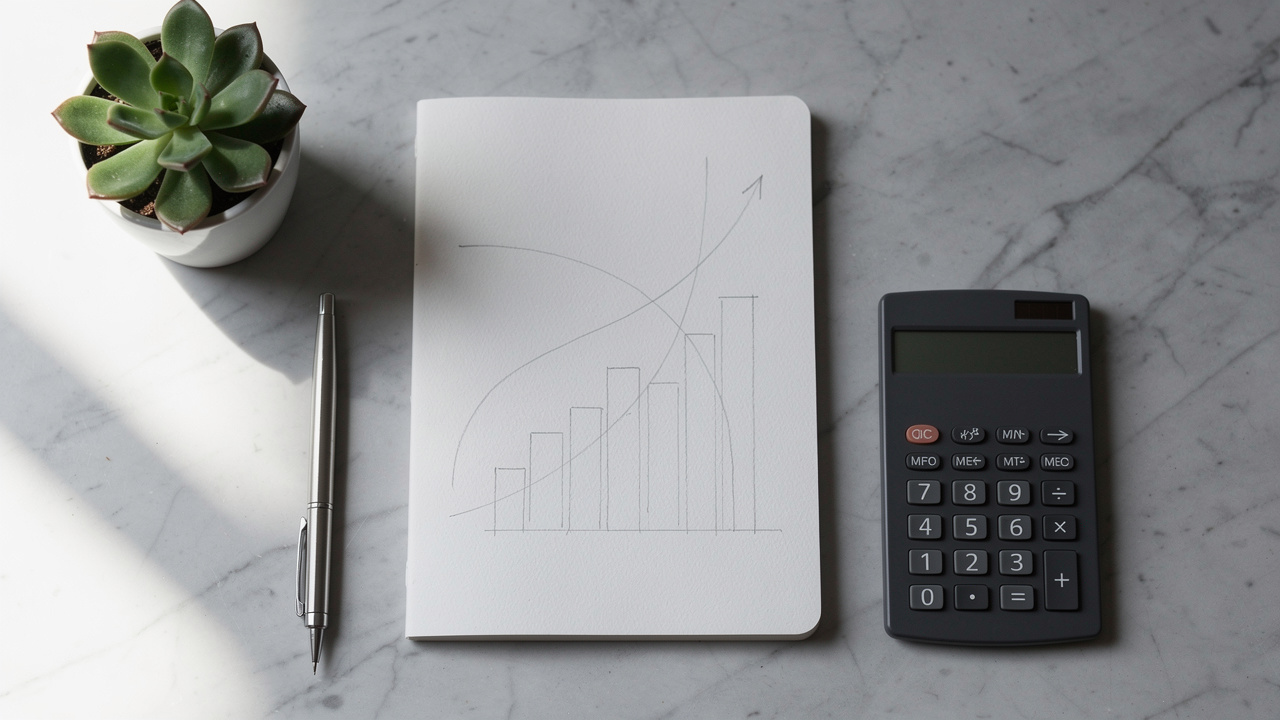Financial planning workspace with calculator and notebook