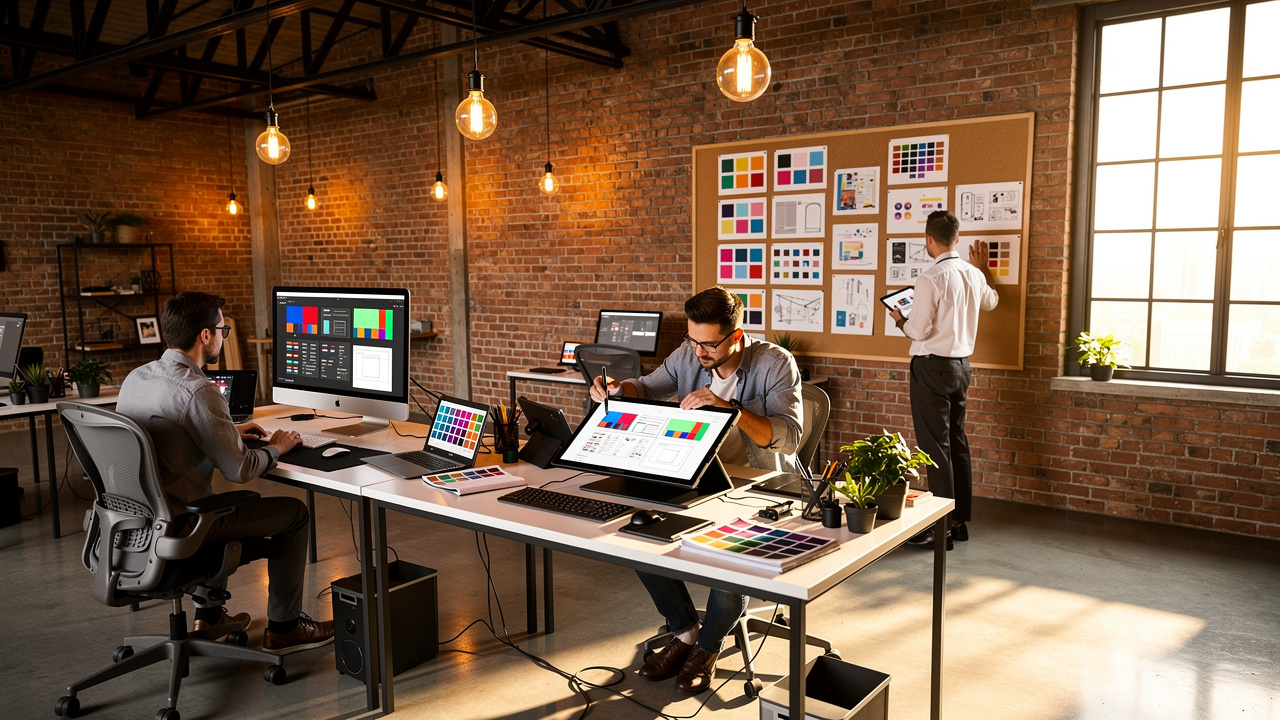 Web developers and designers using color picker tools in studio