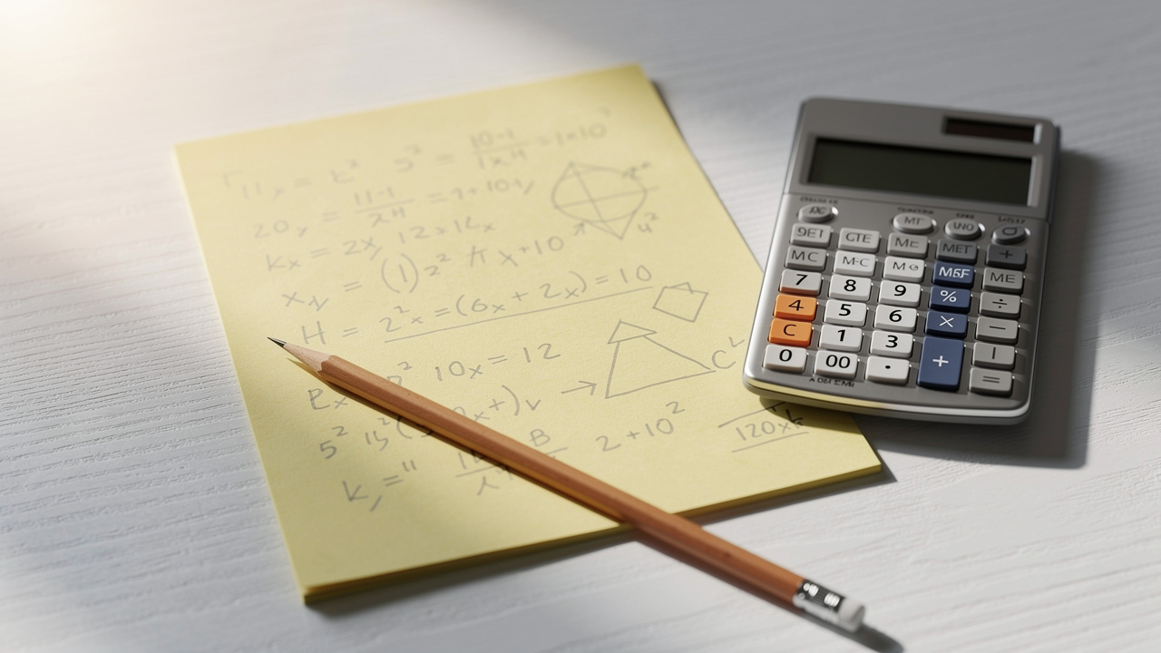Notepad and calculator showing discount formula calculation steps