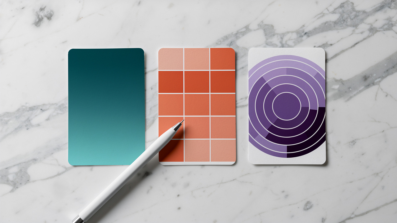 HEX RGB and HSL color format swatches on white marble desk