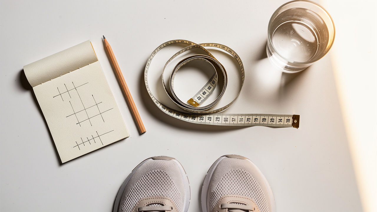 Soft tape measure and fitness tools laid out on white surface