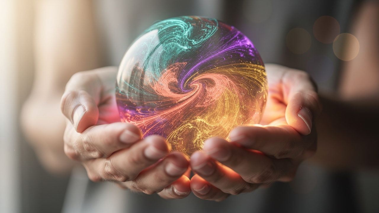 Hands holding glowing color sphere representing instant color extraction