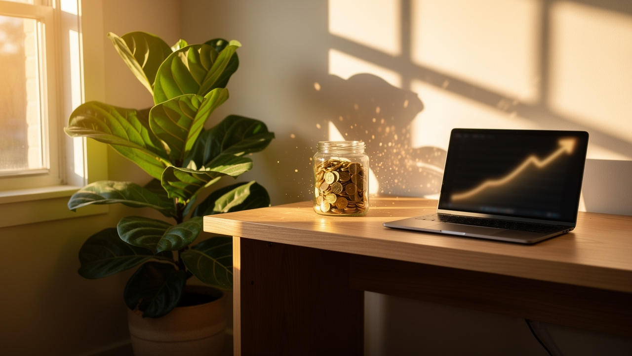 Sunlit home office symbolizing long-term savings growth