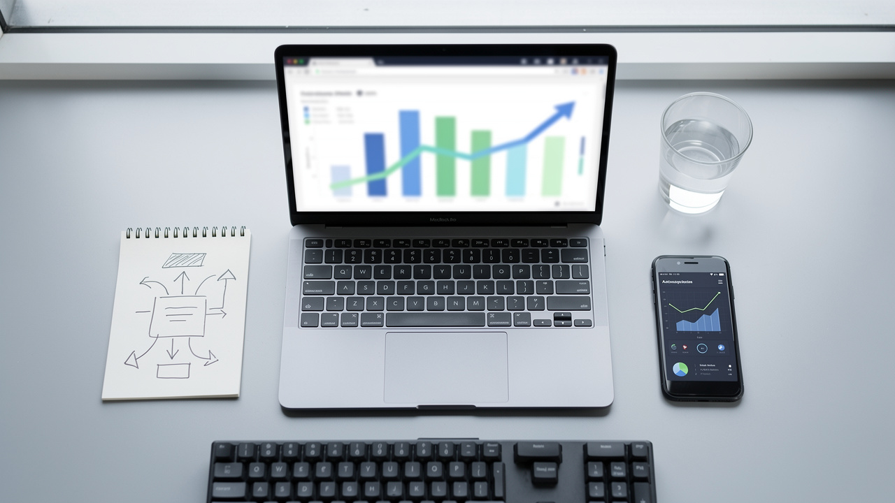 Modern workspace with laptop showing percentage calculator dashboard
