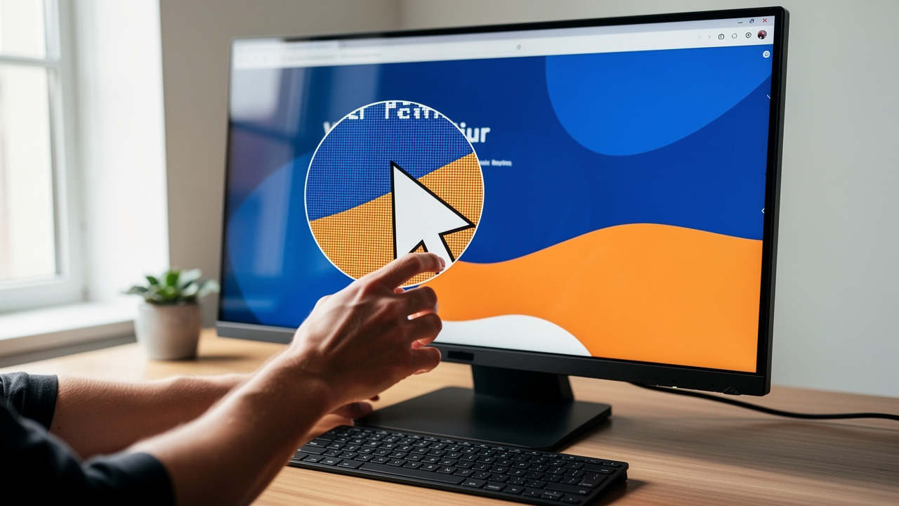 Designer picking exact pixel color from website mockup on monitor