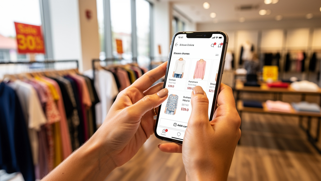 Shopper comparing discount deals on smartphone in retail store