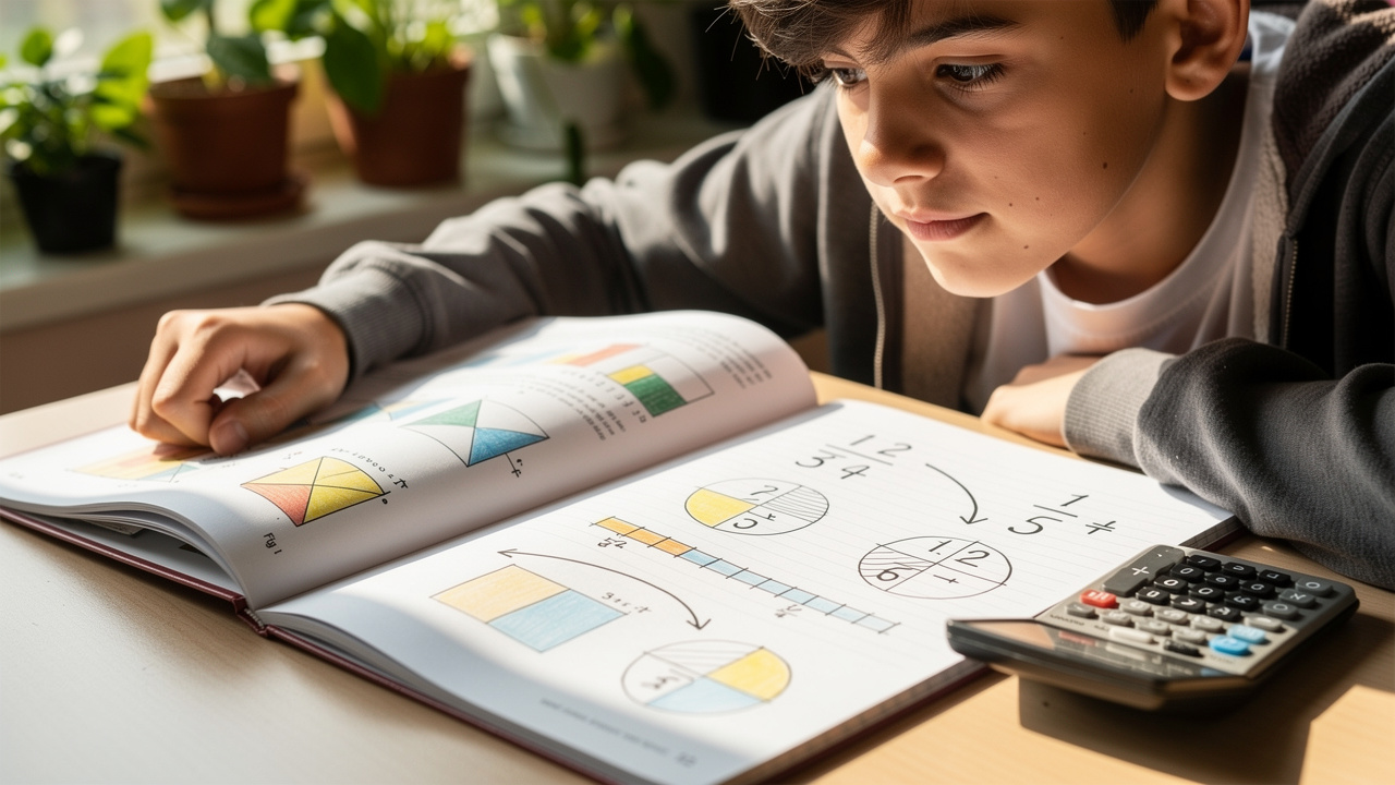 Student studying percentage change formula with notebook and calculator