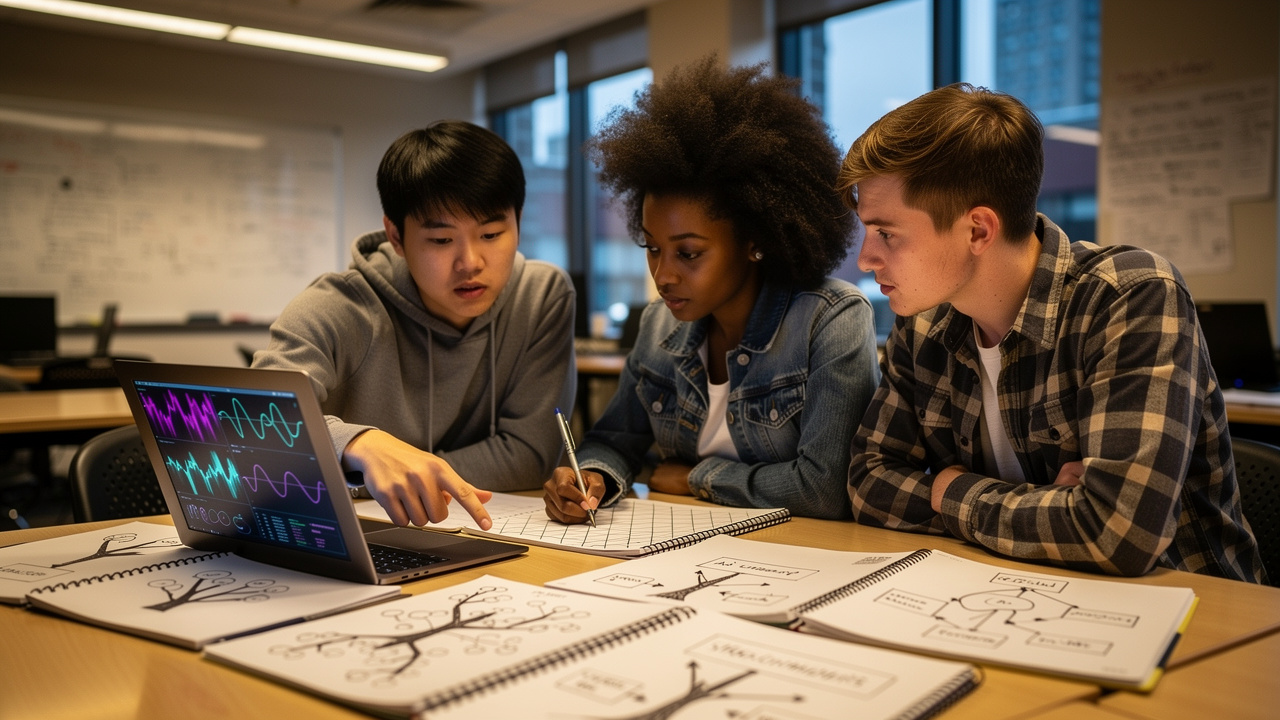 Computer science students collaborating on binary conversion exercises