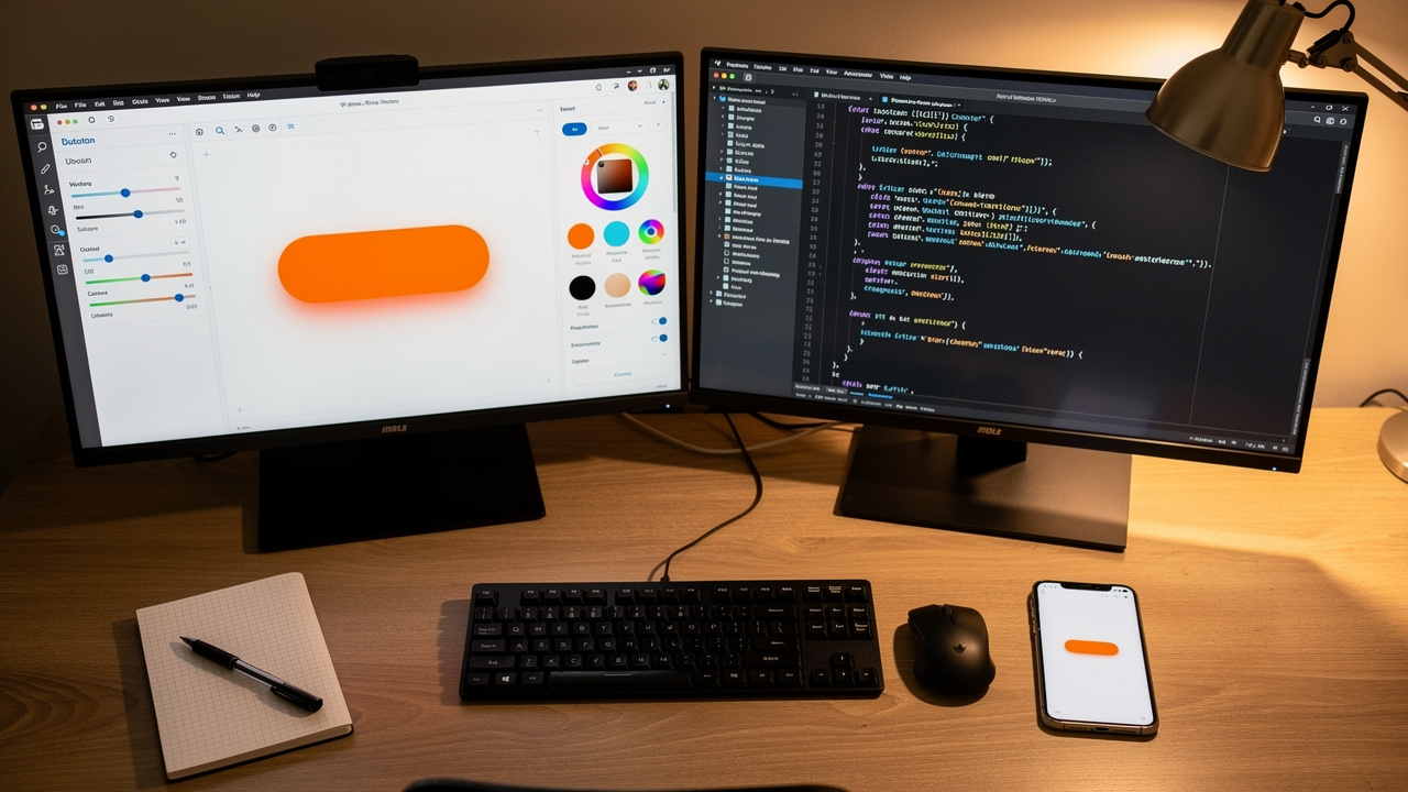 Dual monitor setup showing CSS button generator and code editor