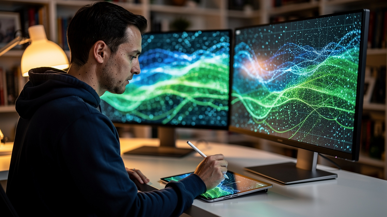 Developer analyzing binary data visualization on dual monitors