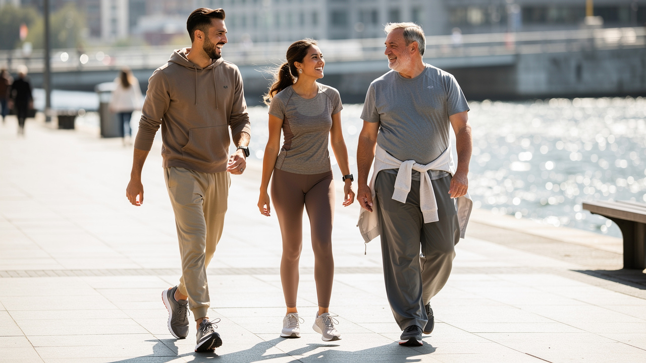 Three people walking together showing different stride lengths