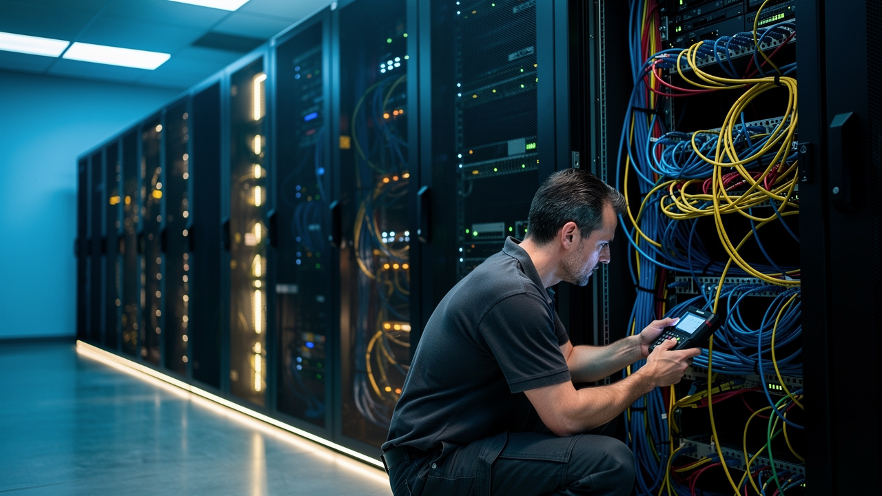 Network engineer inspecting server rack in operations center