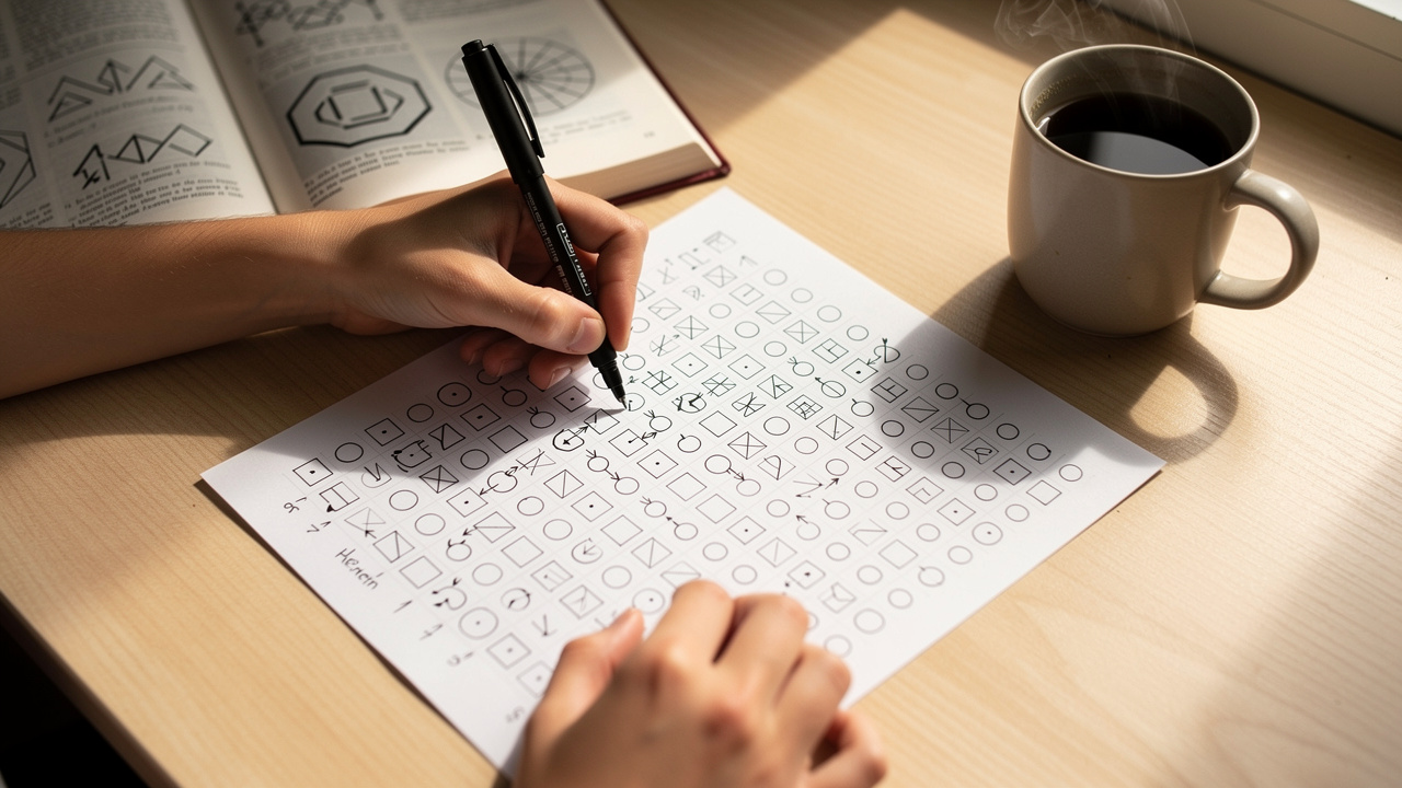 Person writing binary positional method steps on graph paper