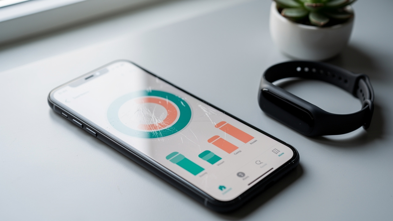 Smartphone with fitness step tracking app on desk