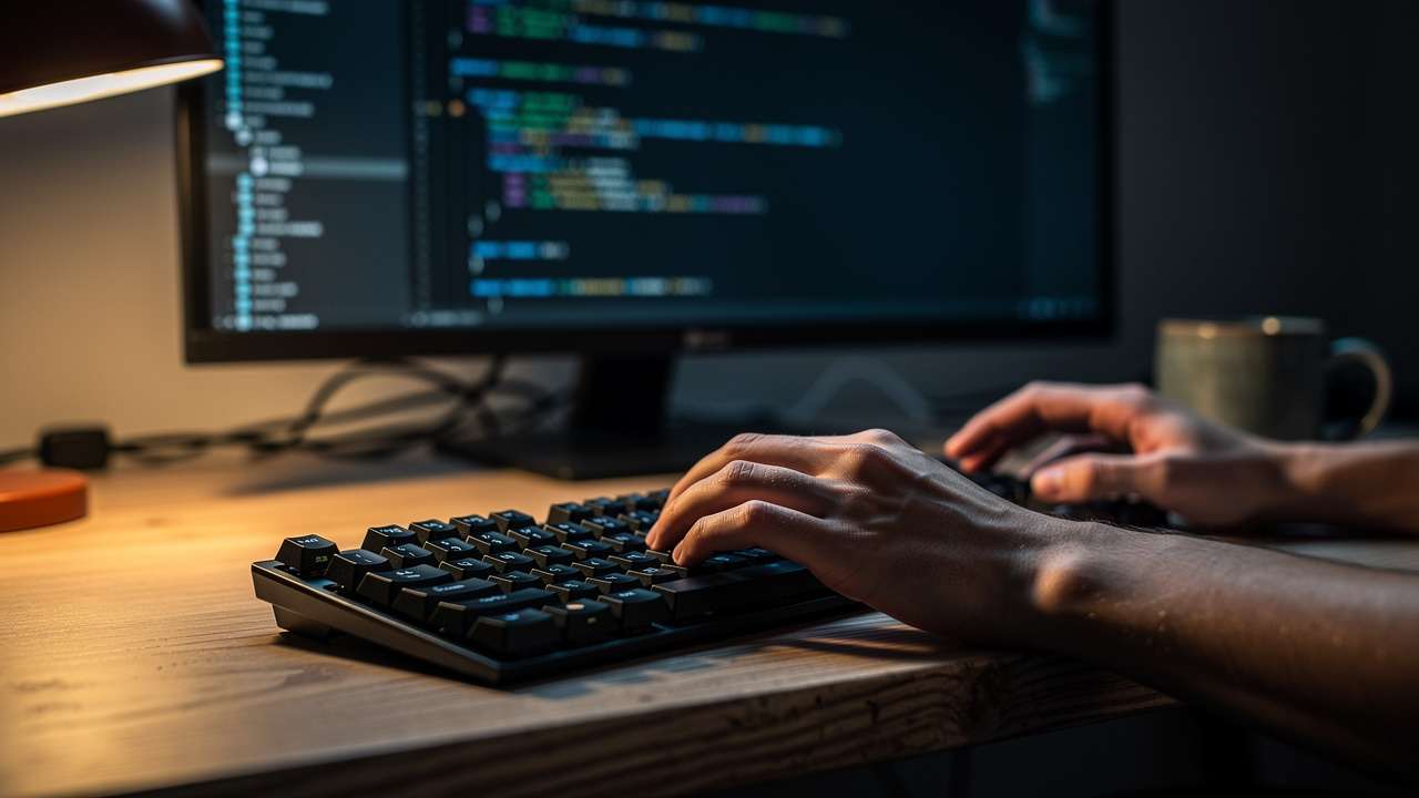 Developer generating secure API keys on mechanical keyboard