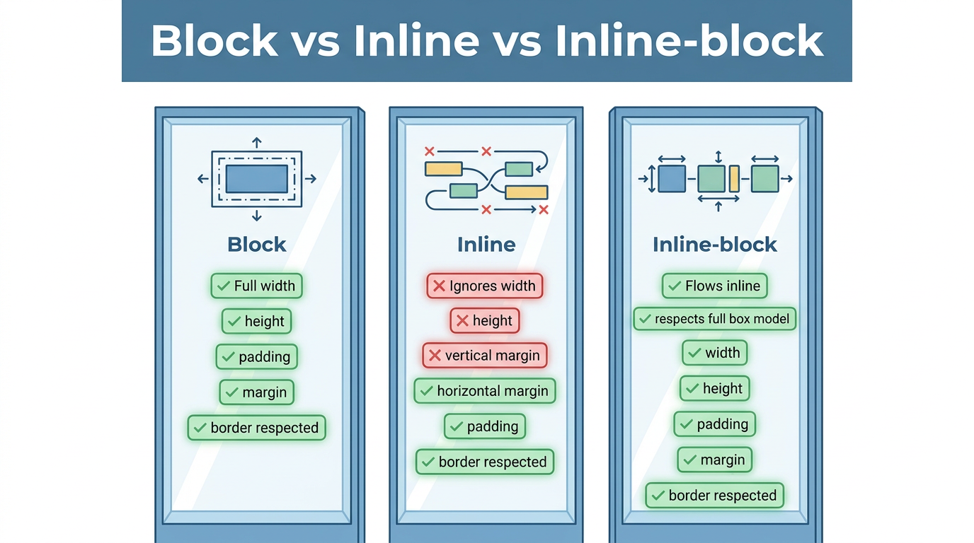 Comparison of block inline and inline block elements