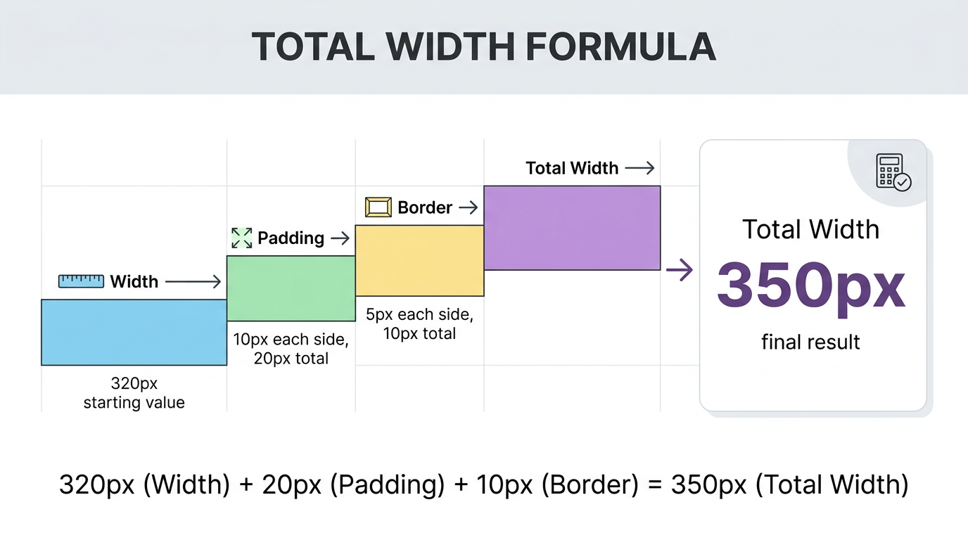 Infographic showing box model width calculation formula
