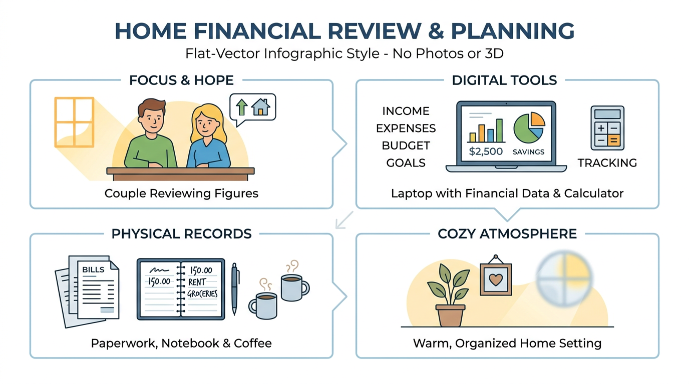 Couple reviewing mortgage payment budget at home together