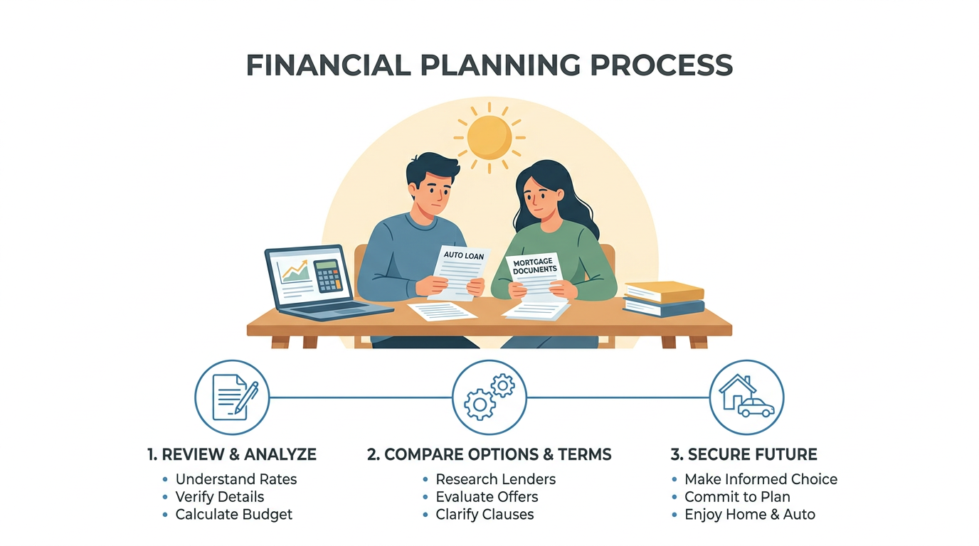 Couple reviewing auto loan and mortgage paperwork together