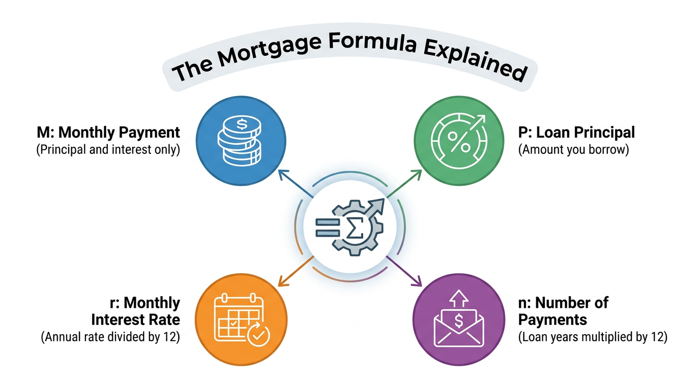 Infographic breaking down the mortgage payment formula variables