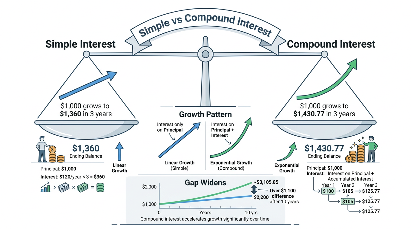 Comparison chart of simple versus compound interest