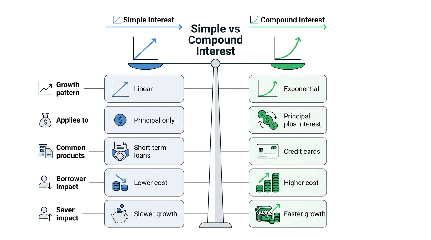 Comparison infographic of simple versus compound interest