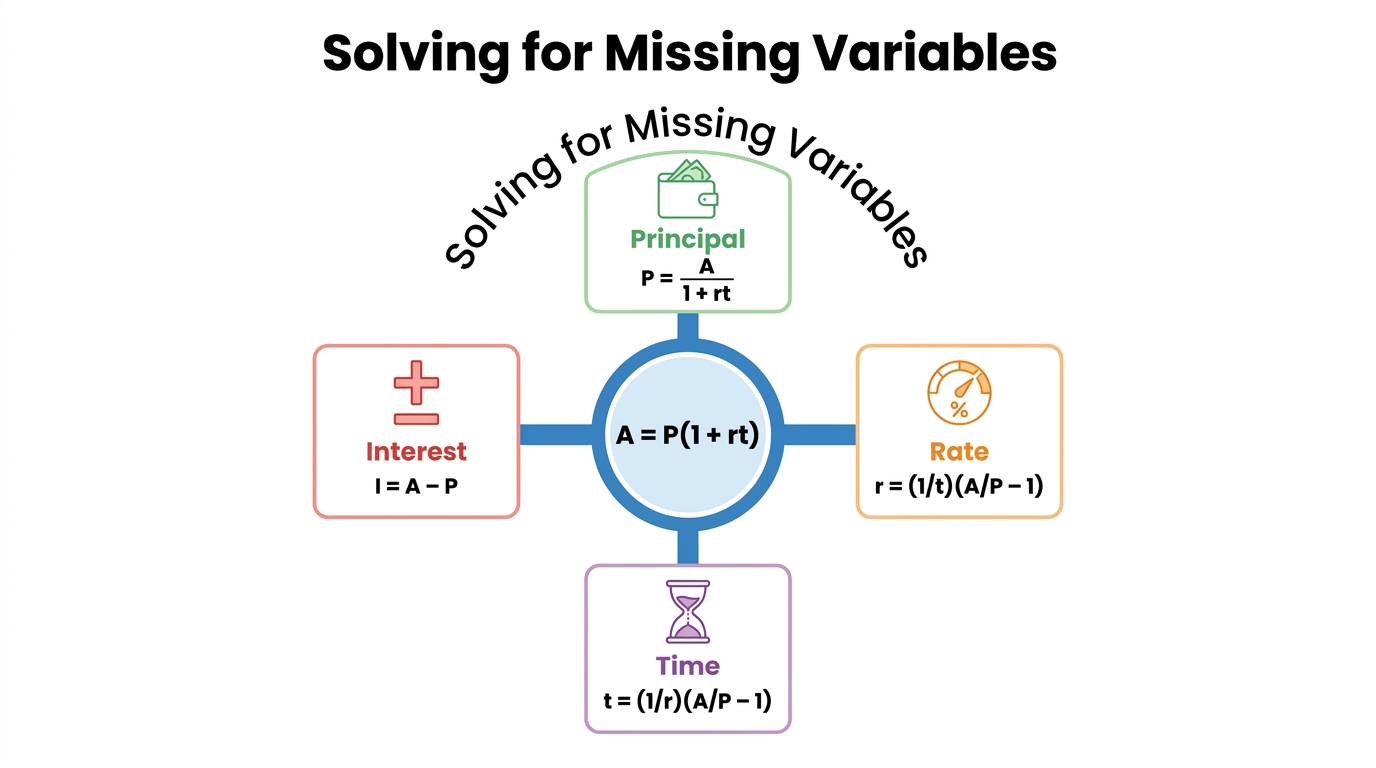 Infographic of rearranged formulas for principal rate and time