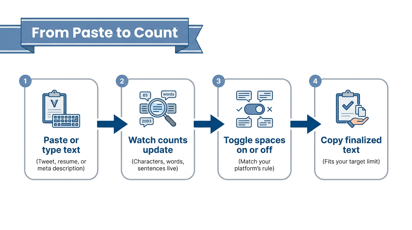 Step-by-step infographic on using character counter tool