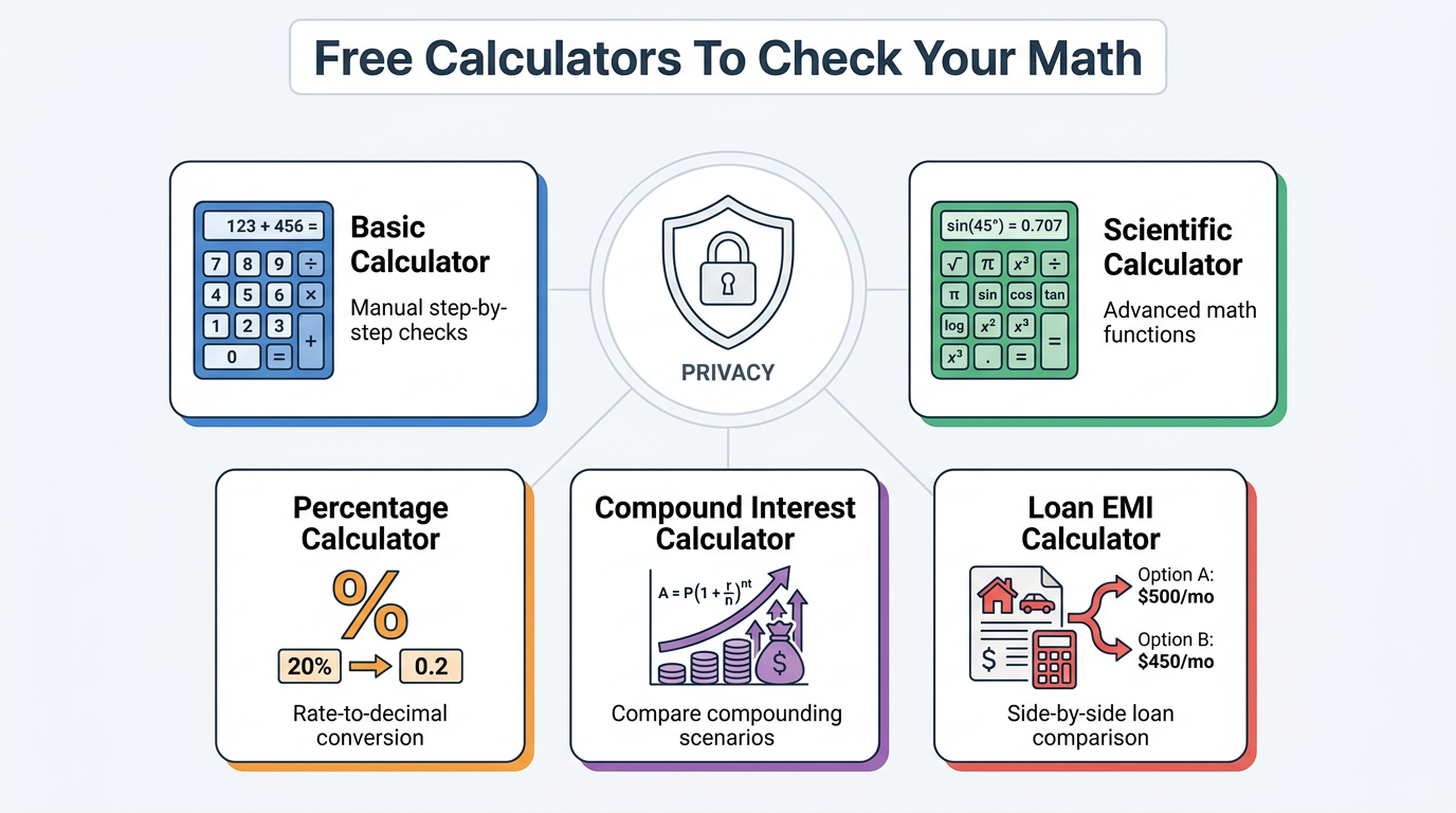 Infographic listing free calculators for checking interest math