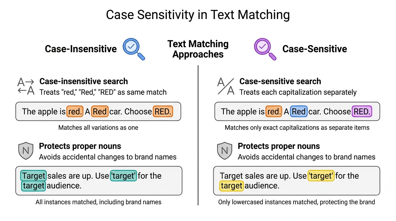 Comparison infographic of case-sensitive versus case-insensitive search results