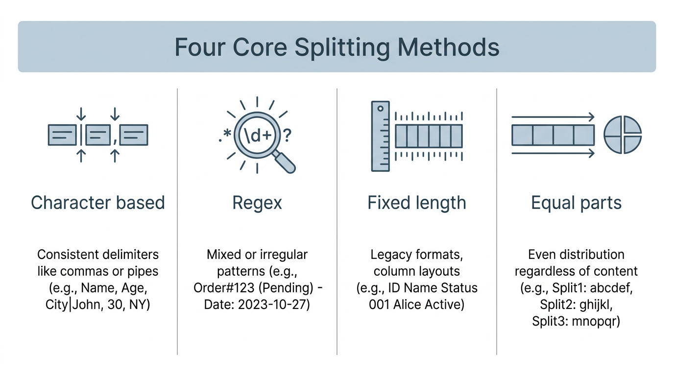 Four core text splitting methods comparison chart